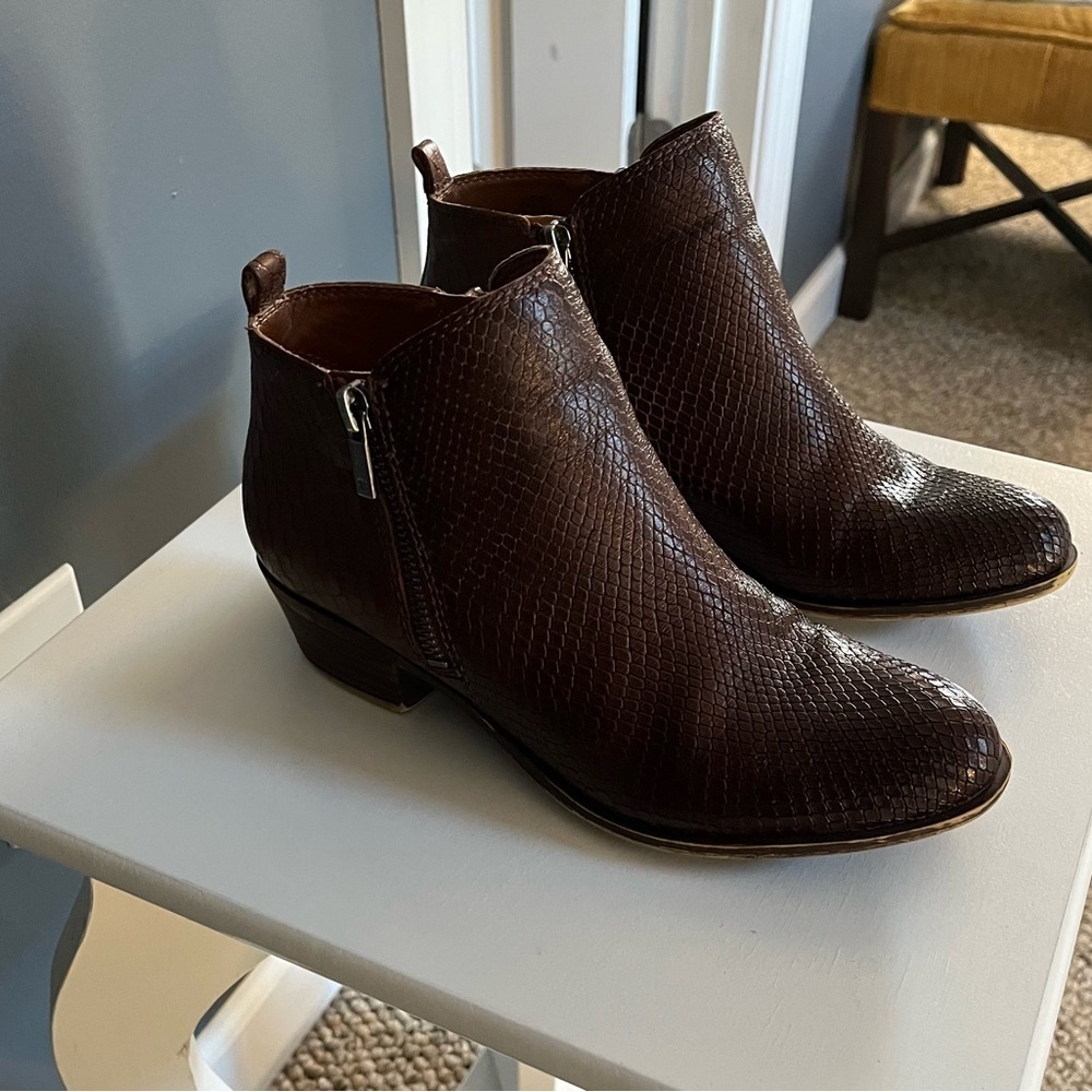 Lucky Brand Basel Roasted Leather Ankle Bootie Boot Faux Snake Brown Sz 8.5M GUC - Picture 2 of 11